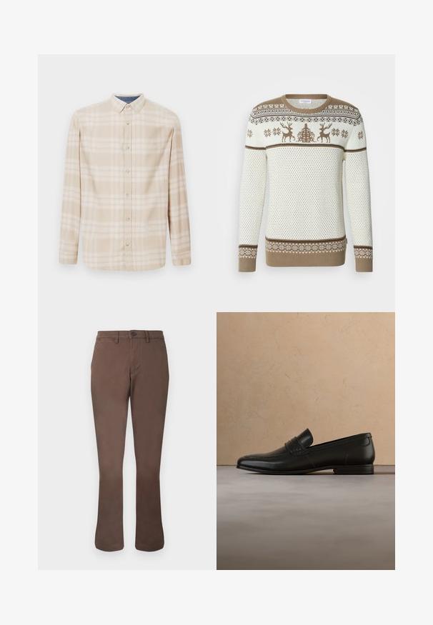 Strikket sweater i creme og tan med et motiv af rensdyr og snefnug. Ribstrikkede ærmekanter og kant forneden, struktureret design med kontrasterende bånd.; Beige ternet langærmet skjorte med knap-detaljeret krave, frontknapper og subtile blå accenter ved halsudskæringen. Fremstillet af blødt stof.; Brune, lige, afslappede bukser med bæltestropper, forreste knap og sidelommer på hvid baggrund.; Sort læderloafer vist i luften over en beige tæppe med en beige sofa i baggrunden.