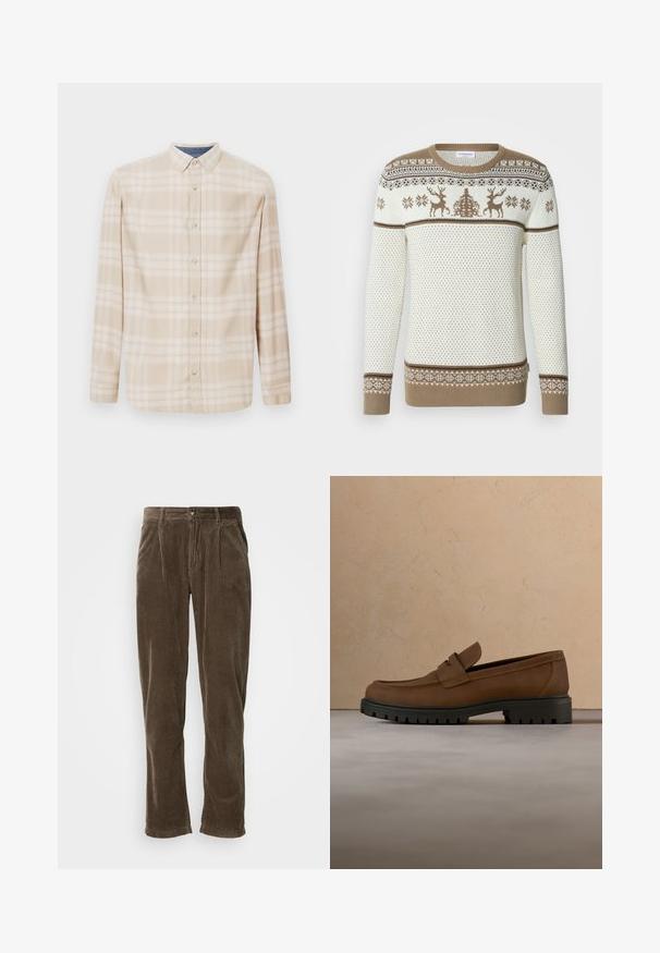 Strickpullover in Creme und Braun, mit Rentier- und Schneeflockenmuster. Gerippte Bündchen und Saum, strukturiertes Design mit kontrastierenden Streifen.; Beige Karo-Hemd mit langen Ärmeln, einer Button-Down-Kragen, Vorderknöpfen und subtilen blauen Akzenten am Halsauschnitt. Hergestellt aus weichem Stoff.; Braune Cordhosen mit geradem Bein, versehen mit vertikalen Rippungen, einem Knopfverschluss und zwei frontalen Falten für zusätzlichen Detailreichtum.; Dunkelbrauner Lederloafer mit dicker schwarzer Gummisohle, dargestellt über beigem Teppich und Sofa-Hintergrund.
