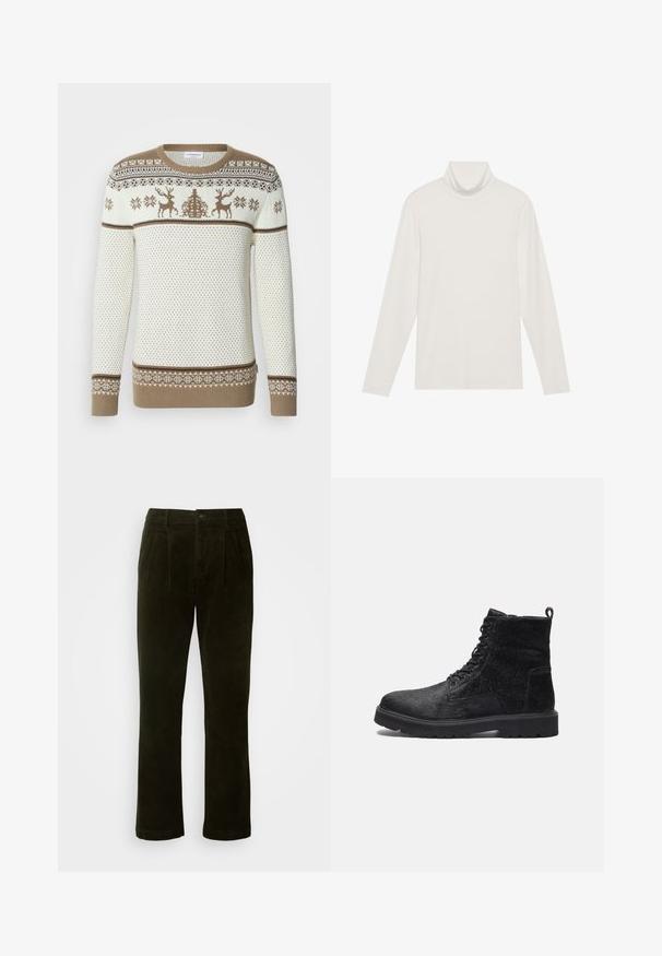 Strickpullover in Creme und Braun, mit Rentier- und Schneeflockenmuster. Gerippte Bündchen und Saum, strukturiertes Design mit kontrastierenden Streifen.; Langarm-Turtleneck-Oberteil in Weiß. Weicher, dehnbarer Stoff mit einer engen Passform. Verfügt über einen hohen Kragen und minimale Nahttäuschungen.; Dunkelgrüne Cordhosen mit geradem Bein, ausgestattet mit vorderen Falten, einem Knopfverschluss und einer weichen, strukturierten Oberfläche.; Schwarze Ankle Boots mit einer strukturierten Oberfläche, ausgestattet mit Schnürung vorne, robustem Gummisohle und einer Zuglasche hinten für einfaches An- und Ausziehen.