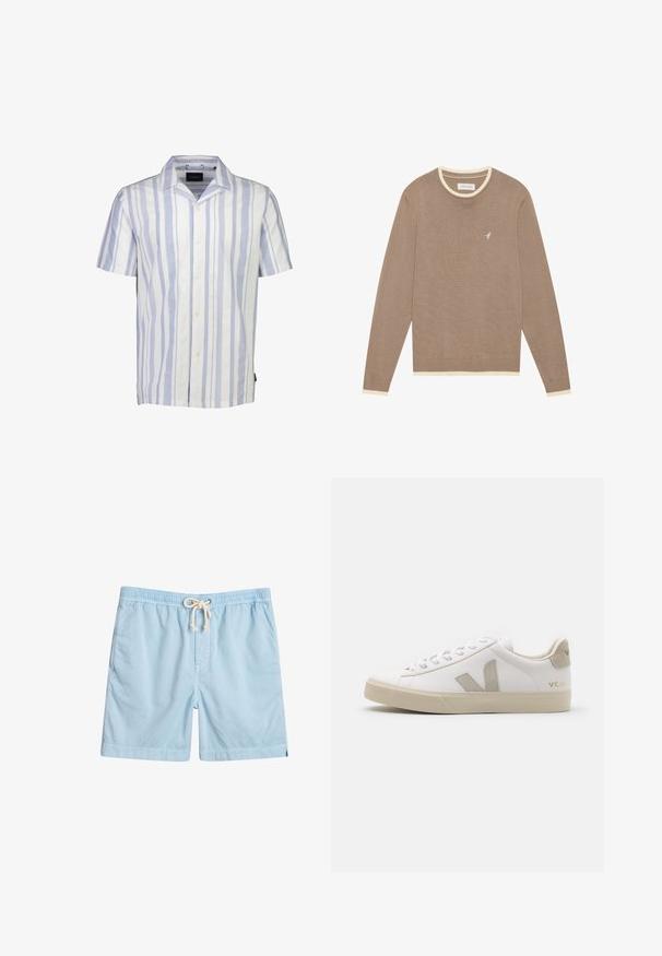 Brun strikket sweater med cremefarvet ribkant ved krave og manchetter, prydet med et lille hvidt fuglelogo på venstre bryst. Lange ærmer, klassisk pasform.; Kortærmet button-up skjorte i hvid og lyseblå lodrette striber. Fremstillet af letvægtigt stof med klassisk krave og fem knapper.; Lyseblå svømmebukser lavet af blødt stof, med elastisk talje, forlommer og snøre til justering.; Hvide lædersneakers med beige detaljer, flad gummisål, rund tå og kontrasterende logo på siden og bagsiden. Snørebåndsdesign.