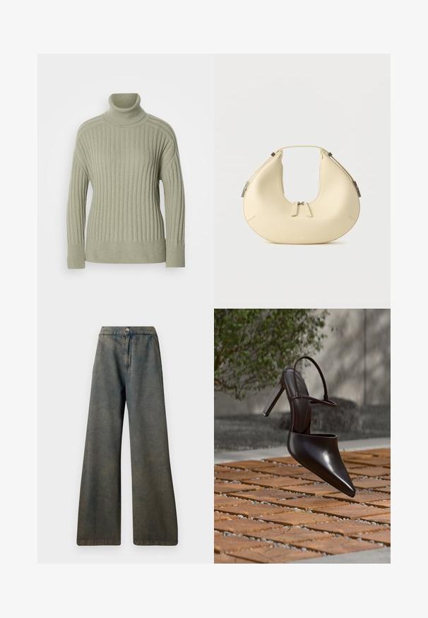 Hellgrüner Rollkragenpullover aus geripptem Strickstoff. Dropped-Shoulder-Design, minimale Nahtdetails und lange Ärmel.; Dunkelblaue Jeans mit weitem Bein und hoher Taille, ausgestattet mit einem vorderen Knopfverschluss und dezenter Textur. Der Stoff wirkt leicht ausgewaschen.; Glänzender schwarzer Mule mit hohem Absatz, spitzer Zehenpartie und Knöchelriemen, schwebend über einer Oberfläche aus terrakottafarbenen Fliesen mit Kieslücken.; Beigefarbene handtasche in halbmondform mit doppeltem reißverschluss und kurzem griff, mit silbernen metallakzenten an den seiten.