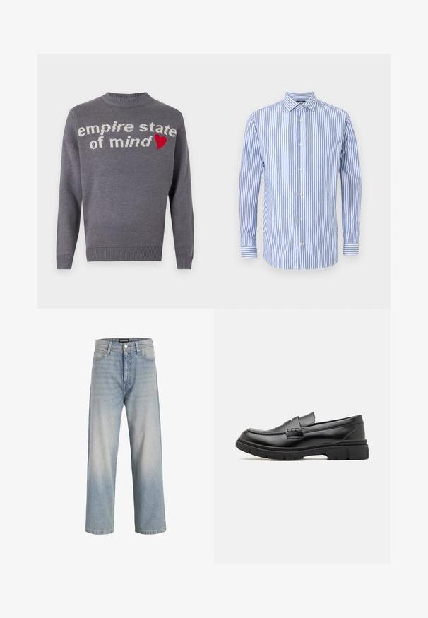 Grå strikket sweater med "empire state of mind" i hvid tekst og en rød hjerteaccent. Crew neck og ribbede kantbånd og manchetter.; Blå og hvid stribet button-up skjorte med krave, lange ærmer og lige kant. Blødt stof og klassisk pasform.; Lys blå denimjeans med lige ben design, falmet udseende, fem lommer og en knappelukning i taljen.; Sort læder loafersko med en bred rem over forfoden, gummisål med tykke mønstre og glat overflade. Klassisk, slankt design.