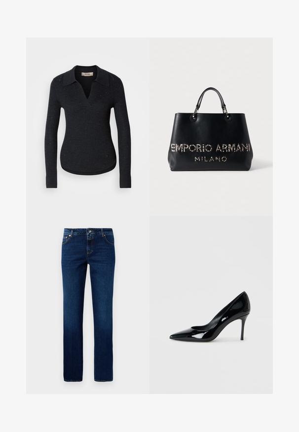 Schwarzer, gerippter Pullover mit V-Ausschnitt und Kragen-Design. Verfügt über dezente Glitzerakzente und enganliegende lange Ärmel mit gerippten Bündchen.; Dunkelblaue Jeans aus Denim mit geradem Bein, klassischem Bund, fünf Taschen und dezenten Nähten an den Säumen.; Schwarze Lacklederpumps mit spitzer Zehenpartie und schlankem Stiletto-Absatz. Glatte Textur mit glänzender Oberfläche und minimalistischem Design.; Schwarze Leder-Shopper-Tasche mit strukturierter Form, zwei Griffen und metallischem Logo „EMPORIO ARMANI MILANO“, verziert mit Nieten.