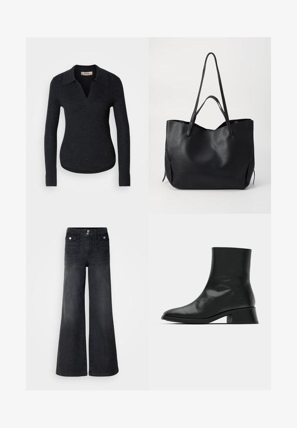 Pull noir côtelé avec un décolleté en V et un design à col. Présente des paillettes subtiles sur l'ensemble et des manches longues ajustées avec des poignets côtelés.; Jean large en denim noir avec taille haute, boutons sur le devant et deux poches avant ; texture lisse avec une légère finition décolorée.; Bottine noire en cuir brillant, au design épuré, avec un bout pointu et un petit talon bloc pour plus de stabilité.; Sac fourre-tout en cuir noir avec une surface texturée, deux longues poignées, un dessus ouvert et sans quincaillerie ni accents visibles. Design simple et spacieux.