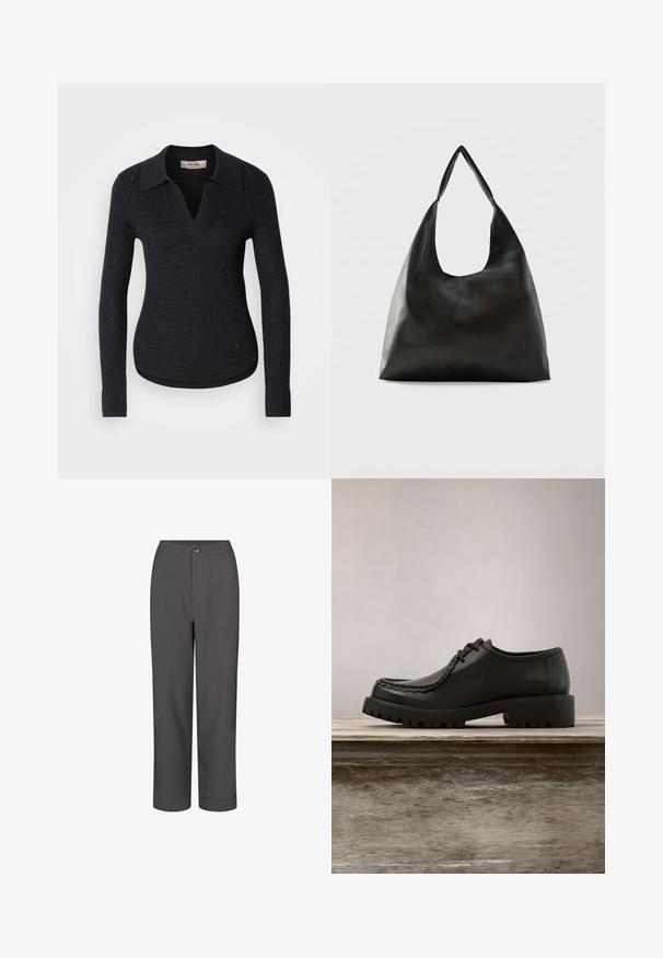 Jersey negro acanalado con diseño de cuello en V y cuello. Presenta sutiles destellos en todo el tejido y mangas largas ajustadas con puños acanalados.; Pantalones de vestir grises con un diseño de pierna recta, textura suave, cierre frontal con botón y dobladillos zurcidos para un aspecto ajustado.; Zapato negro de cuero con cordones y suela gruesa con estrías flotando sobre un banco de madera al aire libre con fondo de follaje verde.; Bolso de hombro de cuero negro liso con una correa ancha y única y un diseño desenfadado y minimalista sobre un fondo sencillo.