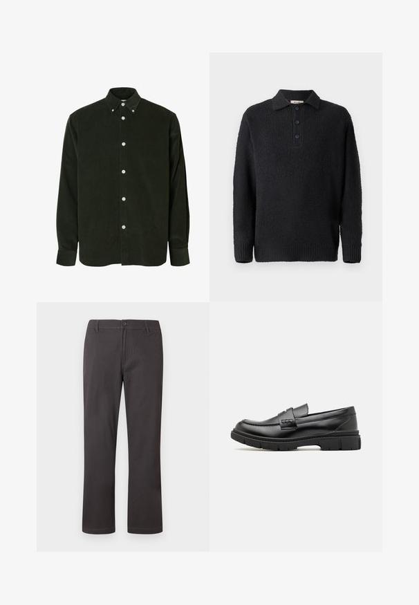 Sort strikket pullover med en struktureret finish, har en klassisk krave og en tre-knaps lukning. Lange ærmer med ribbede manchetter.; Mørkegrøn fløjlsbluse med lange ærmer, hvide knapper og krave med knapper, vist mod en hvid baggrund.; Mørkegrå bukser med lige ben, knappelukning, bæltestropper og diskret frontsyning på hvid baggrund.; Sort læder loafersko med en bred rem over forfoden, gummisål med tykke mønstre og glat overflade. Klassisk, slankt design.