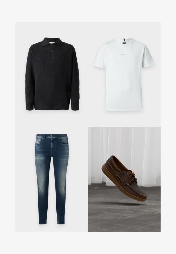 Must muströng pullover tekstuuriga viimistlusega, klassikalise krae ja kolme nupuga. Pikad varrukad ribatud mansettidega.; Hele sinine puuvillane t-särk lühikeste varrukatega, ümmargune kaelus ja väike logo tikitud keskele. Lihtne, vabalt kaunistamata disain.; Tumed sinised teksad kitsas lõikes, millel on pleekinud pesu, kerge kulumine ja klassikaline viie taskuga disain.; Pruun nahast paadisuss paeltega, Timberlandi logo küljel, hõljuvalt halli plaatpõranda kohal valgete vertikaalsete ruloodide ees.