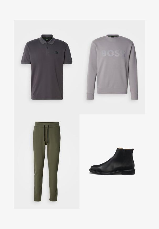 Grijze sweater met een ronde halslijn, lange mouwen en een geperst "BOSS"-logo op de borst; gemaakt van zacht materiaal met geribbelde boorden en zoom.; Donkergrijze polo met een kraag, korte mouwen, twee knopen en een gestructureerd hexagonaal logo op de borst. Gladde stof.; Joggingbroek in olijfgroen met geribbelde textuur, elastische tailleband en zwart trekkoord. Voorzien van zijzakken en taps toelopende boorden.; Zwarte leren enkellaars met rits aan de zijkant, glad bovenwerk, lage blokhak en trekkoord aan de achterkant, zijaanzicht tegen een witte achtergrond.