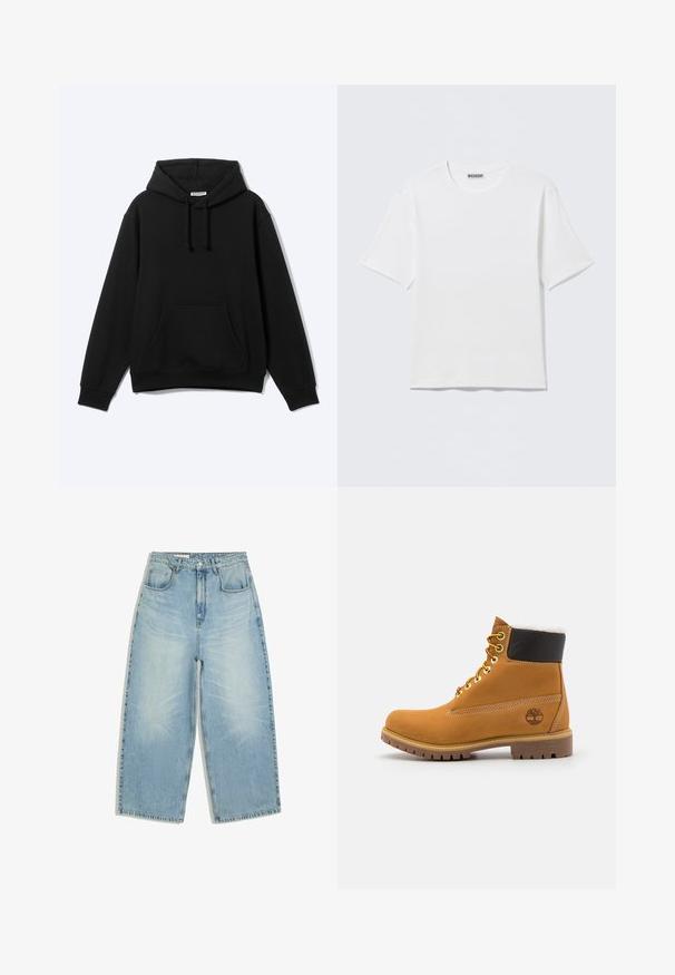 Schwarzer Pullover-Hoodie mit frontaler Kängurutasche und Kordelzugkapuze, flach auf hellem Hintergrund dargestellt.; Schlichtes weißes T-Shirt mit kurzen Ärmeln und Rundhalsausschnitt, mit einem kleinen "WEEKDAY"-Etikett an der Innenseite des Rückenkragens, auf einer flachen Oberfläche liegend dargestellt.; Hellblaue Jeans mit hoher Taille, weitem Bein, vorderen Taschen, Gürtelschlaufen und Knopf- mit Reißverschluss.; Braune Leder-Ankle-Boots mit Metallösen, weißem Kunstfellfutter, schwarzem gepolstertem Kragen, robustem Sohlenprofil und geprägtem Logo an der Seite.