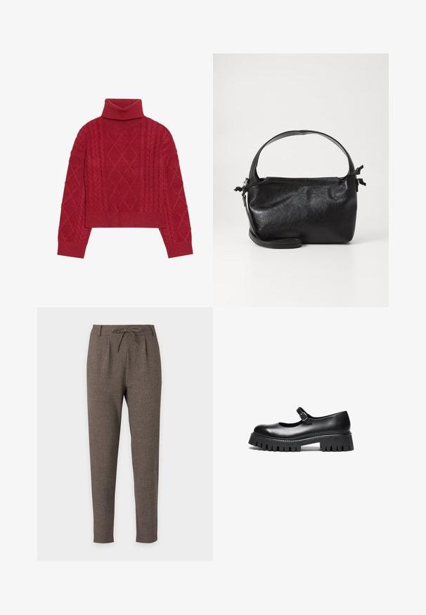 Rød strikket sweater med høj krave, kabelstrikdesign med diamantmønstre og ribbede manchetter og kant.; Brune tapered bukser med snøre i taljen og båndsøm, lavet af tekstureret stof, vist på en hvid baggrund.; Sorte læder Mary Jane-style sko med rund tå, ankelrem og chunky gummisål med ribbet detaljering.; Sort læderhåndtaske med et struktureret design, rund tophåndtag og aftagelig skulderrem. Den har en glat tekstur og en subtil glans.