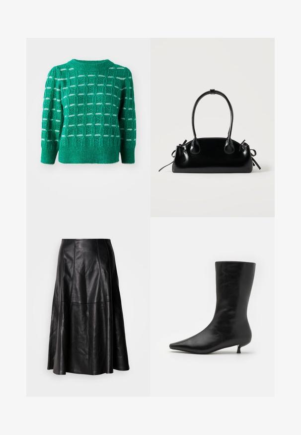 Grøn strikket sweater med et åbent geometrisk mønster, ribbestrikket halsudskæring og kant, samt puffede ærmer. Stribede detaljer i hvid.; Sort lædernederdel med en flagrende silhuet, der har synlige sømme og en glat tekstur. Mellemlang design med en klassisk snit.; Sort læder ankelstøvle med spids tå, tætsiddende silhuet og lav, konisk hæl. Glat tekstur, minimalistisk design.; Lille sort blank håndtaske med to lange håndtag og snøre-detaljer i siden på en ensfarvet lys baggrund.