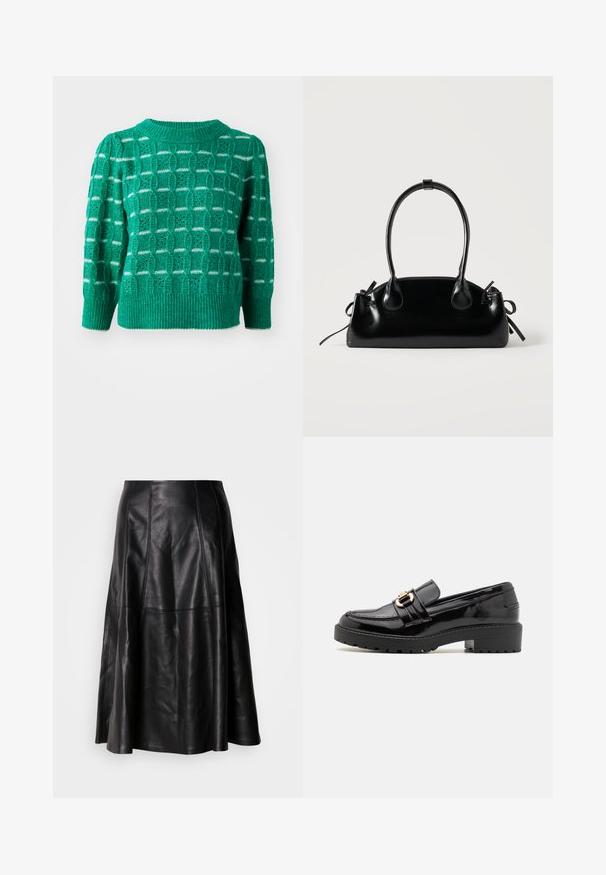 Grøn strikket sweater med et åbent geometrisk mønster, ribbestrikket halsudskæring og kant, samt puffede ærmer. Stribede detaljer i hvid.; Sort lædernederdel med en flagrende silhuet, der har synlige sømme og en glat tekstur. Mellemlang design med en klassisk snit.; Sorte lakerede loafers med en lav blokhæl, der har en fremtrædende gullignende spænde og en struktureret, rillede sål.; Lille sort blank håndtaske med to lange håndtag og snøre-detaljer i siden på en ensfarvet lys baggrund.