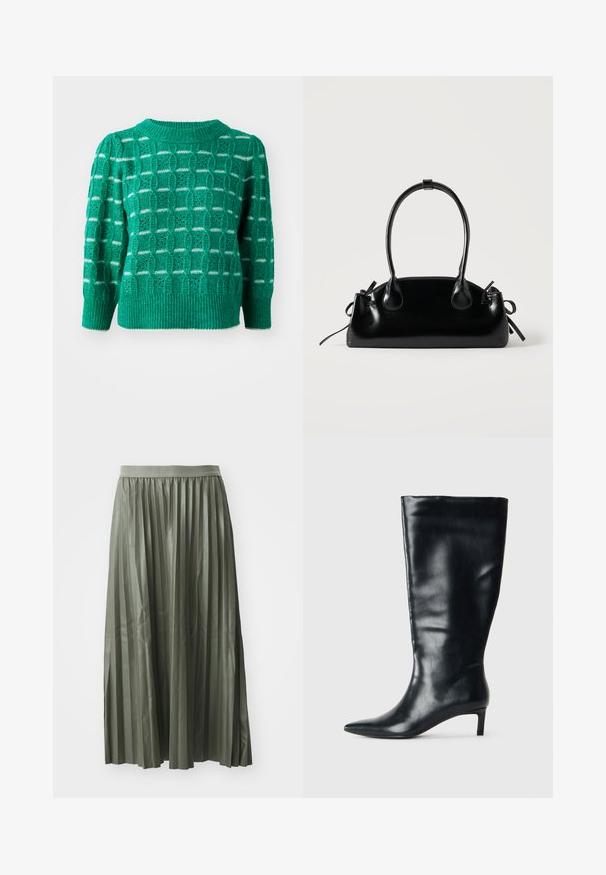Pull en laine vert avec un motif géométrique ajouré, un col et un ourlet côtelés, et des manches bouffantes. Accents rayés en blanc.; Jupe midi plissée en vert doux, réalisée en tissu brillant. Elle possède une taille élastique et tombe au milieu du mollet avec des plis verticaux régulièrement espacés.; Botte en cuir noire hauteur genou avec bout pointu et petit talon de chat sur fond clair uni.; Petit sac à main noir brillant avec deux longues anses et des détails à cordon sur les côtés sur un fond clair uni.