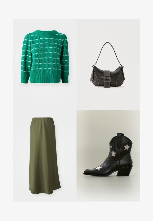 Grüner gestrickter Pullover mit einem offenen geometrischen Muster, geripptem Ausschnitt und Saum sowie Puffärmeln. Gestreifte Akzente in Weiß.; Olivgrüne, knöchellange Rock aus weichem Stoff mit elastischem Bund; glatte Textur und schlichtes, fließendes Design.; Schwarzer Leder-Cowboystiefel bis zum Knöchel mit mittelhohem schrägem Absatz und weißen sternförmigen Ausschnitten an den Seiten und an der Spitze.; Schwarze Leder-Schultertasche mit Schnallengurt-Detail, abgerundeten Kanten und kontrastierenden weißen Nähten auf schlichtem Hintergrund.