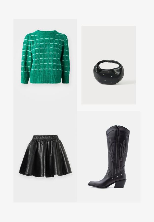 Grøn strikket sweater med et åbent geometrisk mønster, ribbestrikket halsudskæring og kant, samt puffede ærmer. Stribede detaljer i hvid.; Sort faux læder flared nederdel med elastisk talje og synlige sømme på en ensfarvet hvid baggrund.; Sorte cowboystøvler i læder med spids tå, synlige sømme, sølvfarvede nitte-detaljer og lynlås på den indvendige side.; Sort læderhåndtaske med en rundet form, dekoreret med sølvnitter, og et kort håndtag. Glat tekstur og lynlåslukning.