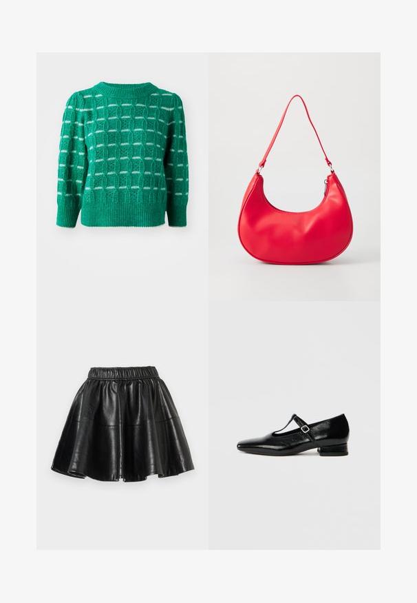 Grøn strikket sweater med et åbent geometrisk mønster, ribbestrikket halsudskæring og kant, samt puffede ærmer. Stribede detaljer i hvid.; Sort faux læder flared nederdel med elastisk talje og synlige sømme på en ensfarvet hvid baggrund.; Sorte Mary Jane-sko i læder med spids tå, lille blokhæl og justerbar rem med sølvspænde. Glat, blank tekstur.; Rød syntetisk læder skuldertaske med en buet form, slank rem og lynlås lukning. Glat tekstur med synlige syninger.