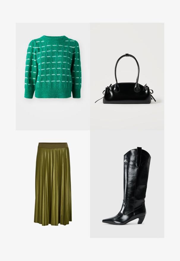 Grøn strikket sweater med et åbent geometrisk mønster, ribbestrikket halsudskæring og kant, samt puffede ærmer. Stribede detaljer i hvid.; Kaki grøn plisseret midi nederdel med bred elastisk talje og glat stoftekstur.; Sorte læderknæhøje støvler med spids tå, lav hæl og dekorative syninger på siderne. Glat, blank overflade.; Lille sort blank håndtaske med to lange håndtag og snøre-detaljer i siden på en ensfarvet lys baggrund.