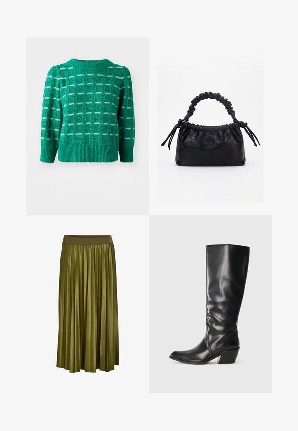 Suéter verde de punto que presenta un patrón geométrico calado, cuello y dobladillo acanalados, y mangas abullonadas. Acentos a rayas en blanco.; Falda midi plisada verde caqui con cintura elástica ancha y textura de tela suave.; Bota de cuero negra hasta la rodilla con punta afilada, tacón angular y textura suave. Presenta un sutil acento de costura a lo largo del costado.; Bolso negro con textura de cocodrilo, borde superior fruncido, asa recogida y cordones con borlas en cada lado sobre un fondo blanco.
