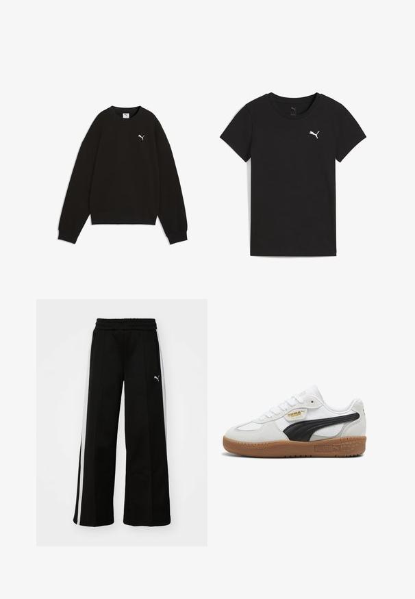 Zwarte sweater met ronde hals, lange mouwen en een klein wit Puma-logo op de linkerborst, geribde manchetten en zoom.; Zwart Puma T-shirt met korte mouwen, ronde hals en wit Puma-logo op de linkerborst.; Zwarte wijde broek met een elastische tailleband, verticale witte strepen, zijzakken met rits en een klein logo op de bovenbeen.; Witte leren sneakers met een zwarte suède streep, gumrubberen zool en gouden branding aan de zijkant. Vetersluiting met een afgeronde neus.