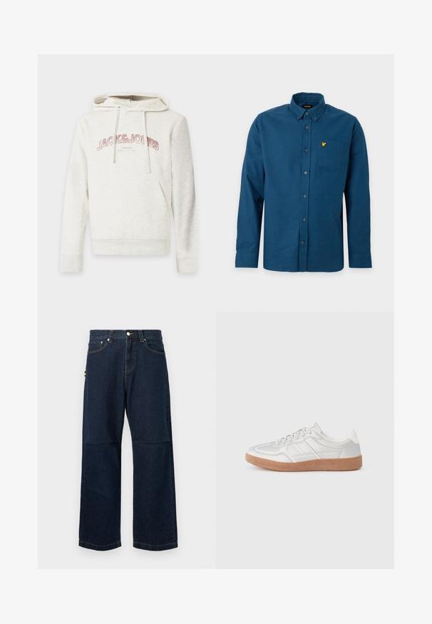 Svetlobéžová mikina s kapucňou, predným vreckom a šnúrkami, s ružovým textom "JACK & JONES" na hrudi.; Modrá košeľa s dlhým rukávom na gombíky s náprsným vreckom s malým žltým vyšívaným logom na ľavej strane.; Tmavomodré džínsy so rovnými nohavicami, s klasickým dizajnom piatich vreciek, kontrastným prešívaním a malou farebnou nášivkou na boku.; Strieborné tenisky s hladkou textúrou, viazaním, perforovanými akcentmi a štruktúrovanou hnedou gumovou podrážkou.