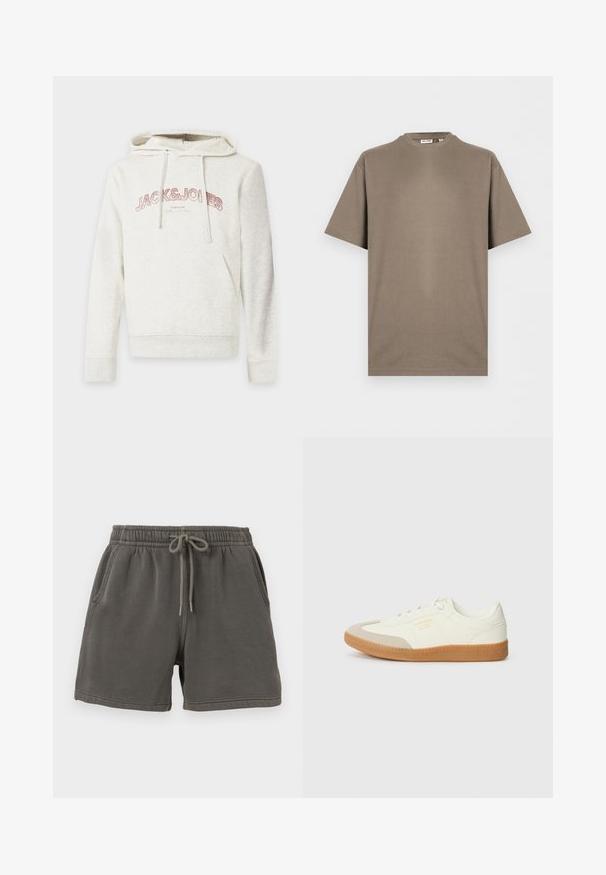 Sweat à capuche beige clair avec poche avant et cordons, avec le texte "JACK & JONES" en rose sur la poitrine.; T-shirt en coton taupe uni à manches courtes, col rond et coupe décontractée, présenté sur un fond blanc.; Shorts en coton gris foncé avec taille élastique, poches avant et cordon de serrage au centre.; Baskets en cuir blanc avec une coque beige et une semelle en caoutchouc marron clair. Dotées de lacets blancs plats et d'un logo embossé sur le côté.