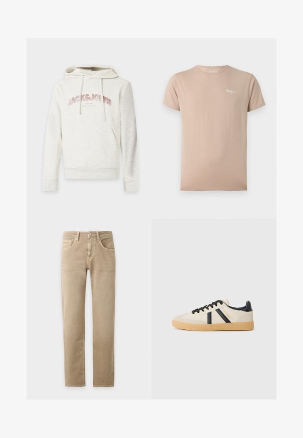 Sweat à capuche beige clair avec poche avant et cordons, avec le texte "JACK & JONES" en rose sur la poitrine.; T-shirt beige manches courtes à col rond avec petit logo blanc « Pepe Jeans » sur la partie haute gauche de la poitrine.; Pantalon beige à jambes droites avec fermeture bouton et zip devant, passants pour ceinture et poches avant sur un fond uni clair.; Baskets décontractées en crème avec des rayures noires, présentant un dessus texturé et une semelle en caoutchouc. Les lacets sont noirs. Logo discret sur le côté.