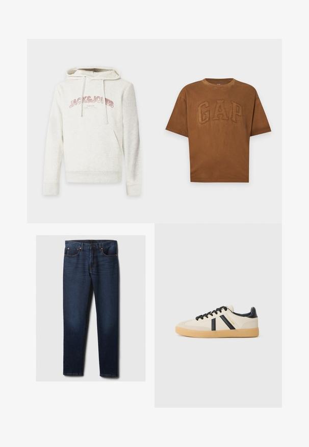 Hellbeiger Hoodie mit Fronttasche und Kordeln, mit dem Text "JACK & JONES" in Pink quer über der Brust.; Braunes T-Shirt mit kurzen Ärmeln und erhabenen, aufgestickten "GAP" Buchstaben auf der Vorderseite, Rundhalsausschnitt und lockerer Passform.; Dunkelblaue Slim-Fit-Jeans aus Denim mit leichtem Verblassen an den vorderen Oberschenkeln, Kupferriegeln und klassischem Fünf-Taschen-Stil, flach auf weißem Hintergrund ausgelegt.; Legere Sneaker in Creme mit schwarzen Streifen, mit einer strukturierten Oberseite und einer Sohle aus Gummi. Die Schnürsenkel sind schwarz. Diskretes Logo an der Seite.