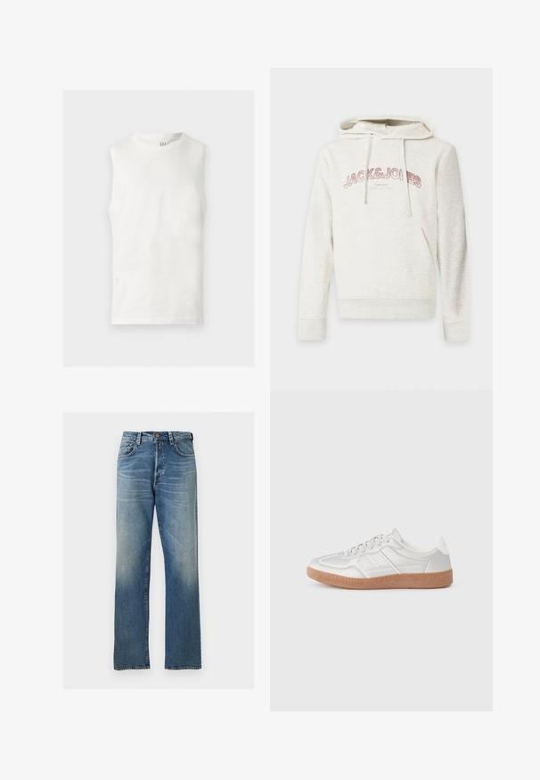 Sweat à capuche beige clair avec poche avant et cordons, avec le texte "JACK & JONES" en rose sur la poitrine.; Débardeur blanc sans manches à col rond avec un petit logo GAP à l'intérieur du col arrière, posé à plat sur un fond clair.; Jean bleu droit en denim avec un lavage légèrement délavé, design cinq poches et fermeture par bouton à la taille.; Baskets argentées avec une texture lisse, un design à lacets, des accents perforés et une semelle en caoutchouc marron texturé.