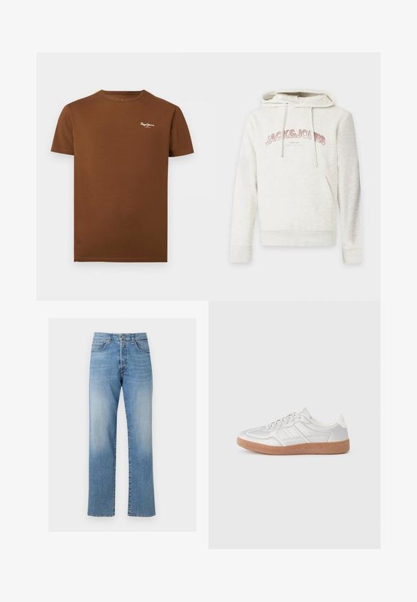 Sweat à capuche beige clair avec poche avant et cordons, avec le texte "JACK & JONES" en rose sur la poitrine.; T-shirt marron à manches courtes avec col rond et petit logo blanc "Pepe Jeans London" sur la poitrine gauche.; Jean bleu clair droit avec taille haute, fermeture à bouton et zip à l'avant, et style cinq poches.; Baskets argentées avec une texture lisse, un design à lacets, des accents perforés et une semelle en caoutchouc marron texturé.