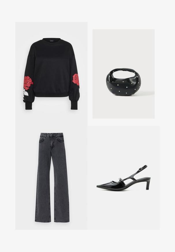 Schwarzer Langarm-Sweatshirt mit Rundhalsausschnitt, das an beiden Ärmeln mit roten und weißen Rosendesigns sowie mit gerippten Bündchen und Saum versehen ist.; Schwarze Denim Schlagjeans mit hoher Taille, ausgestattet mit zwei Vorderaschen und dezenten Steppdetails entlang der Nähte.; Schwarzer Slingback-Schuh aus Lackleder mit spitzer Kappe, niedrigem Absatz und zwei verstellbaren Schnallenriemen, seitlich dargestellt.; Schwarze Lederhandtasche mit abgerundeter Form, verziert mit silbernen Nietenakzenten und kurzem Griff. Glatte Struktur und Reißverschlussverschluss.