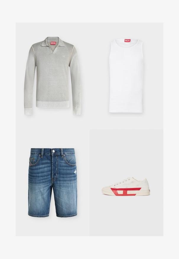 Polo en maille gris clair à manches longues avec poignets et ourlet côtelés, petit logo sur la poitrine et étiquette de la marque Diesel à l’intérieur du col.; Débardeur blanc en coton lisse. Il présente un col rond, une conception sans manches et un logo rouge Diesel bien en vue au niveau du cou.; Short en denim bleu avec bouton à l'avant, passants de ceinture, poches latérales et détails discrets délavés et usés sur la cuisse droite.; Baskets en toile avec un dessus blanc, des accents en caoutchouc rouge et un design texturé. Elles présentent une tête arrondie et cinq œillets pour les lacets.