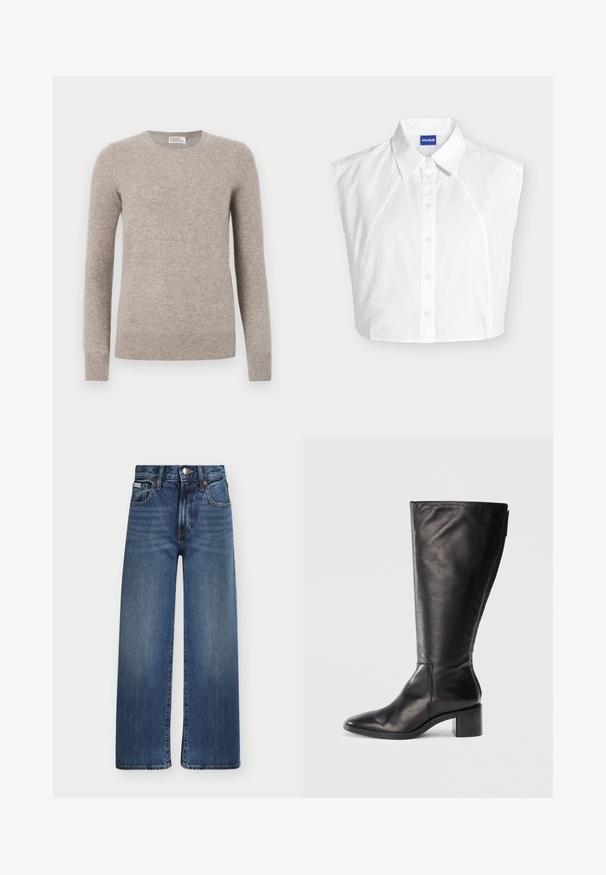Beige sweater lavet af blødt stof, med rund halsudskæring, lange ærmer og ribstrikkede manchetter og kant. Glat tekstur, minimalistisk design.; Hvid ærmeløs skjorte med knapper og krave foran, med Hugo mærke indeni kraven og subtilt broderet logo nær kanten.; Straight-leg blå denim jeans med for- og lynlåslukning, bæltestropper og fem-lomme stil.; Sorte læderknæhøje støvler med firkantet tå, blokhæle og et stilrent design. Glat tekstur med en sideskift for nem påtagning.