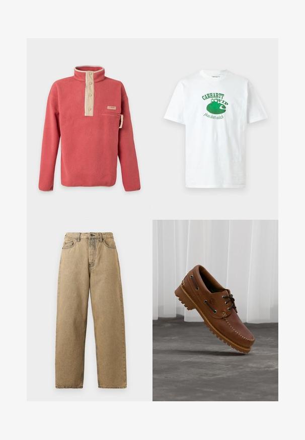 Korallenroter Fleece-Pullover mit beiger Druckknopfleiste, Reißverschluss-Brusttasche und langen Ärmeln, hergestellt von Columbia.; Weißes T-Shirt mit kurzen Ärmeln und einer grünen Frosch-Grafik, die auf einem Seerosenblatt sitzt, und dem Text "Carhartt WIP bitte nicht petzen" auf der Vorderseite.; Beige Denim-Jeans mit geradem Bein, ausgestattet mit einem Reißverschluss, Gürtelschlaufen und kontrastierenden Nähten. Keine auffälligen Muster oder Hardware-Details.; Brauner Leder-Bootsschuh mit schwarzen Schnürsenkeln, beigen Nähten und einer robusten Sohle, schwebt über einem grauen Betonboden.