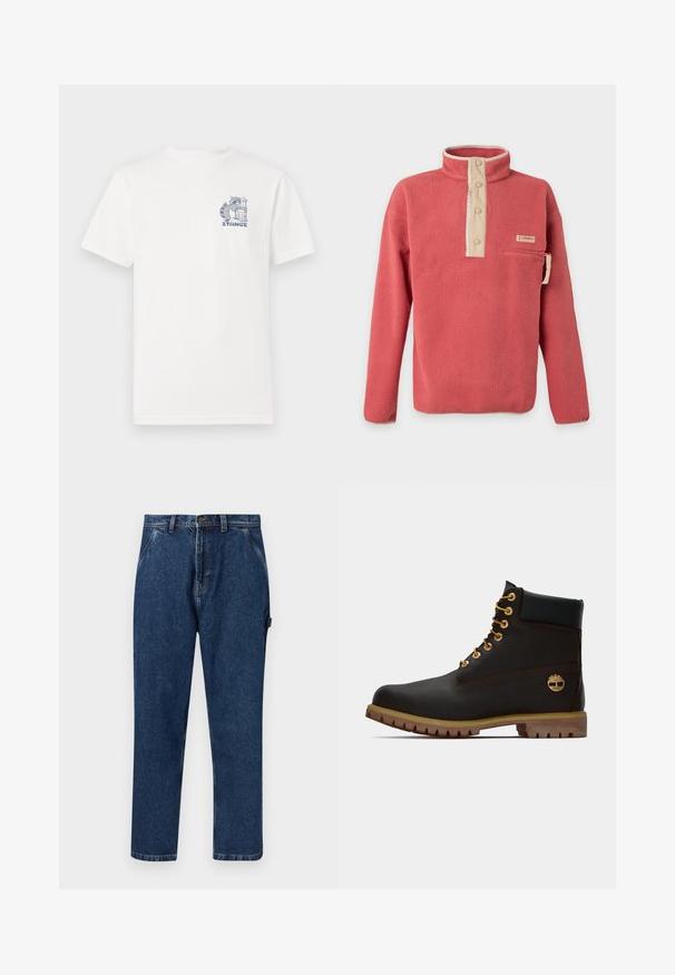 Korallyrød fleece-pullover med beige trykknap-lukning, lynlåslomme på brystet og lange ærmer, lavet af Columbia.; Hvid t-shirt med korte ærmer lavet af bomuld, med et blåt grafisk motiv på brystet af en vaskebjørn ved siden af en skraldespand og teksten "STANCE."; Mørkeblå lige-ben denimjeans med forlommer, bæltestropper, knaplukning og en løkke detalje på højre side.; Sorte læder ankelstøvle med gyldne øjer, brune detaljer og gummisål. Har en polstret krave og præget logo på siden.
