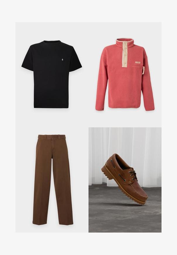 Pull polaire rouge corail avec patte de bouton-pression beige, poche poitrine zippée et manches longues, fabriqué par Columbia.; T-shirt en coton noir avec encolure ronde et manches courtes ; présente un petit logo blanc sur le côté gauche de la poitrine. Texture lisse, coupe régulière.; Pantalon marron à jambes droites avec fermeture à boutons et zip, passants pour ceinture et poches latérales, présenté sur un fond clair.; Chaussure de bateau en cuir marron avec des lacets noirs, des coutures beiges et une semelle robuste, suspendue au-dessus d'un sol en béton gris.