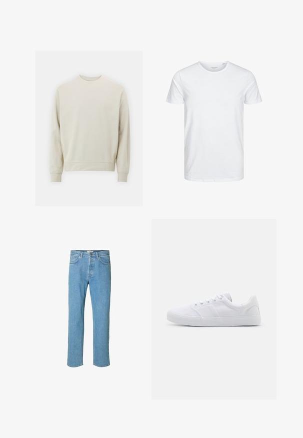 Helles beiges Sweatshirt aus weichem Stoff mit Rundhalsausschnitt, langen Ärmeln und gerippten Bündchen und Saum. Minimalistisches Design, keine sichtbaren Muster.; Rundhals-T-Shirt mit kurzen Ärmeln in reinem Weiß, aus weicher Baumwolle, mit einem schlichten Design ohne sichtbare Muster oder Akzente.; Hellblaue Jeans aus Denim mit geradem Beinschnitt. Merkmale sind ein Knopfverschluss, fünf Taschen und gestickte Details entlang der Nähte.; Weiße Leinenschuhe mit Gummisohle, ausgestattet mit sechs Ösen, einer strukturierten Zehenkappe und minimalistischer Gestaltung.