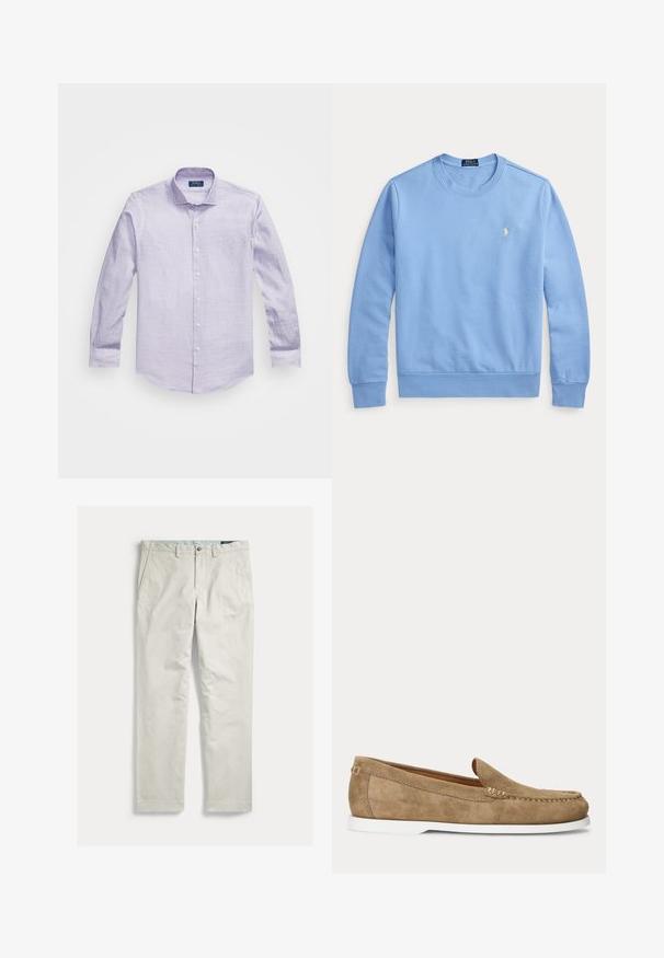 Svetlomodrá mikina s dlhým rukávom a okrúhlym výstrihom, s rebrovanými manžetami a lemom, s malým bielym logom Polo Ralph Lauren na hrudi.; Svetlofialová košeľa s dlhým rukávom a jemným vzorom, s golierom na gombíky a bielymi gombíkmi pozdĺž légy. Mäkká textúra látky.; Svetlo béžové nohavice s rovným strihom, prednými vreckami, pútkami na opasok a zapínaním na gombík, zobrazené rozložené na bielom pozadí.; Svetlohnedý mokasín z brúseného semišu s bielou podrážkou a viditeľným prešitím pozdĺž špičky a strán, zobrazený v bočnom profile.