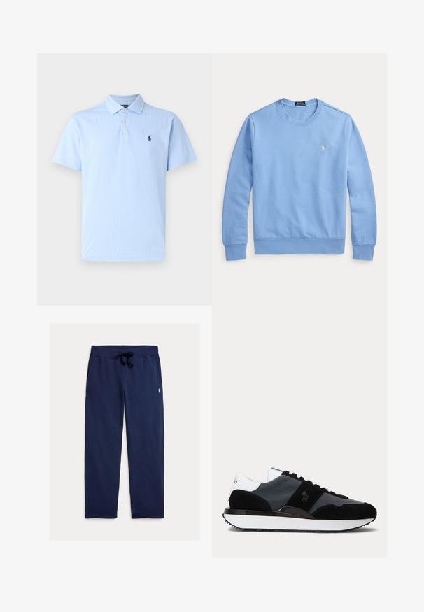 Svetlomodrá mikina s dlhým rukávom a okrúhlym výstrihom, s rebrovanými manžetami a lemom, s malým bielym logom Polo Ralph Lauren na hrudi.; Svetlomodrá polo košeľa z textúrovanej tkaniny, s gombíkovou légou a malým vyšitým logom na ľavej hrudi. Krátke rukávy.; Tmavomodré tepláky z mäkkej bavlny, s nastaviteľným pásom na šnúrku a malým logom na ľavej hornej nohe. Hladká textúra, rovný strih nohavíc.; Čierno-biela nízka teniska s panelmi zo semišu a kože, bielymi šnúrkami a hrubou bielou podrážkou s čiernym lemom.