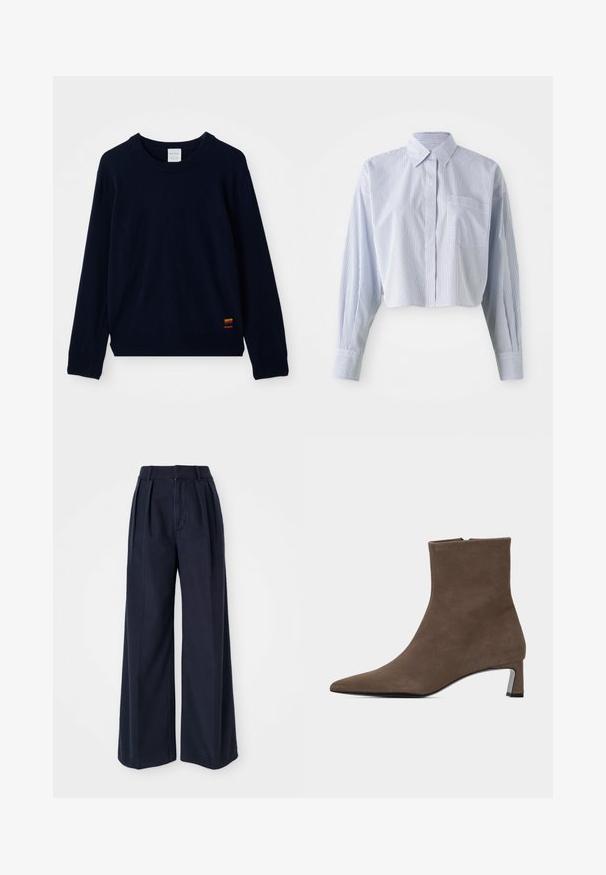 Marineblauwe langarm crewneck sweater met geribde manchetten en zoom, voorzien van een klein patch met meerkleurige strepen nabij de onderkant.; Kort shirt in blauw-witte verticale strepen, met een puntige kraag, lange mouwen en een voorzak. Gladde katoen textuur.; Donkerblauwe wijde broek gemaakt van katoen, met plooien aan de voorkant, een hoge taille en een ritssluiting met knoopsluiting.; Bruine suède enkellaars met spits toelopende neus, zijrits en lage blokhak op een effen lichte achtergrond.