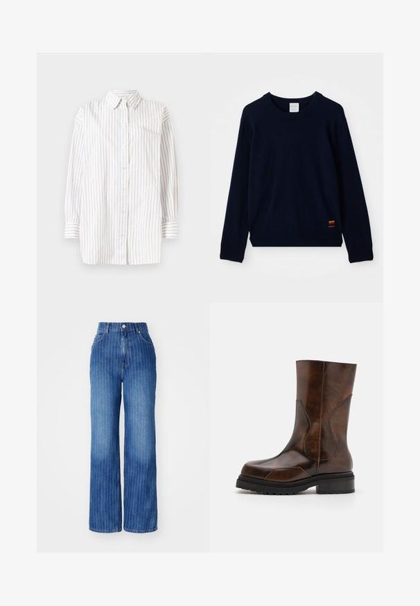 Marineblå langærmet crewneck sweater med ribbet manchetter og kant, prydet med en lille flerfarvet stribet applikation nær bunden.; Hvid langærmet skjorte med lodrette striber i lyseblå og lyserød. Har knapper foran og spids krave. Blødt stof.; Blå denim brede bukser med lodrette hvide striber, høj talje og fem-lomme design, med knap- og lynlåslukning.; ECKHAUS LATTA STACKED BOOT - Plateaustøvler - dark brown
