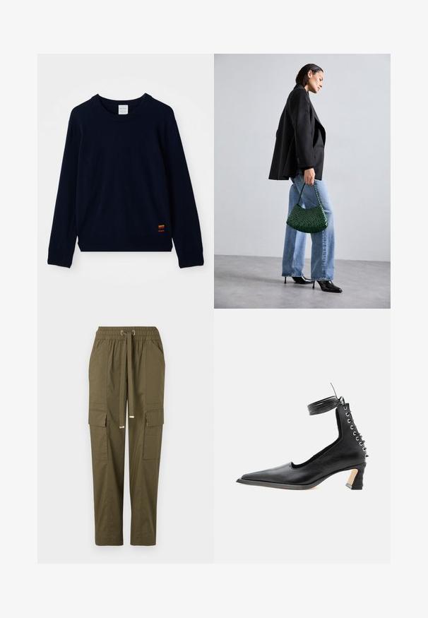 Marineblå langærmet crewneck sweater med ribbet manchetter og kant, prydet med en lille flerfarvet stribet applikation nær bunden.; Oliven grønne cargo-bukser med elastisk talje, snor, to sidelommer og to cargo-lommer, der har en glat bomuldsstruktur.; Sort lavhælet lædersko med spids tå, snøredetalje bagpå og ankelrem mod en ensartet hvid baggrund.; DRAGON DIFFUSION ROSANNA - Håndtasker - forest