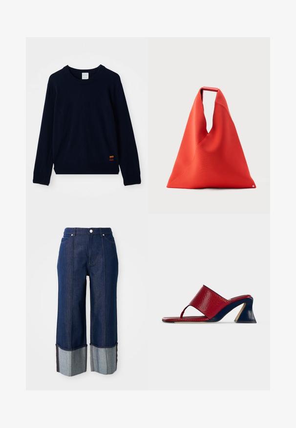 Marineblauwe langarm crewneck sweater met geribde manchetten en zoom, voorzien van een klein patch met meerkleurige strepen nabij de onderkant.; Donkerblauwe wijde jeans met opgerolde pijpen die lichter denim tonen, met een knoop aan de voorkant en zakken, op een witte achtergrond.; Rode leren open-toe mule sandaal met een navyblauwe gebeeldhouwde blokhak en thong bandje, zijaanzicht op witte achtergrond.; Rode driehoekige stoffen draagtas met bovenste handvat en zichtbare naden, rechtopstaand tegen een lichtgrijze achtergrond.