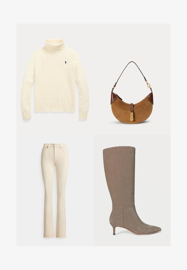 Cremefarbener Zopfmuster-Rollkragenpullover mit langen Ärmeln und kleinem marineblau besticktem Logo auf der linken Brust.; Beige Jeans mit ausgestelltem Bein und hoher Taille, zwei vorderen Taschen und Knopfverschluss. Glatte Textur und minimale Nähte.; Knöchelhoher grauer Wildlederstiefel mit spitzer Zehe und niedrigem Absatz, der ein schlichtes Design und subtile vertikale Nahtdetails aufweist.; Braune Wildleder-Halbmonden-Handtasche mit dunkelbraunen Lederakzenten, goldfarbenen Beschlägen und kurzem Schulterriemen.