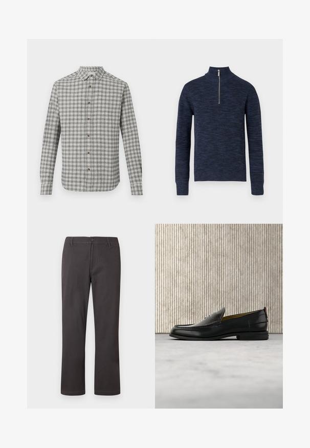 Pull en tricot bleu marine avec un col haut et une fermeture éclair à moitié. Tissu texturé avec un motif subtil ; poignets et ourlet côtelés.; Chemise à manches longues avec un motif à carreaux blanc et noir, col classique et boutons marron sur un fond uni.; Pantalon gris foncé à jambes droites avec fermeture à boutons, passants pour ceinture et coutures frontales discrètes sur fond blanc.; Mocassin pour homme en cuir noir avec un dessus embossé effet croco et un petit talon, présenté de profil sur un fond neutre.