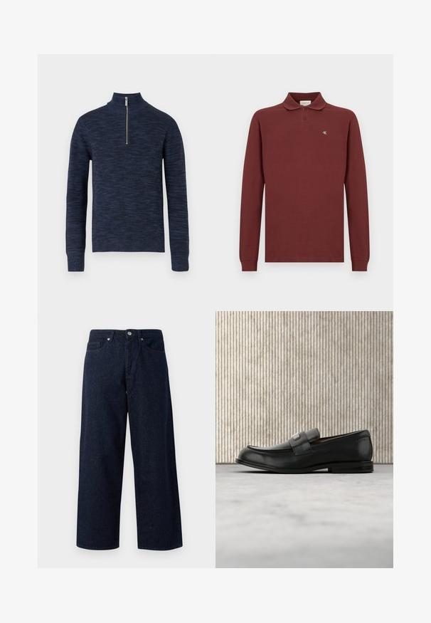 Marineblauer gestrickter Pullover mit hohem Kragen und halbem Reißverschluss. Texturierter Stoff mit einem dezenten Muster; gerippte Bündchen und Saum.; Bordeauxrot langärmliges Poloshirt aus Baumwolle, mit klassischem Kragen, Drei-Knopf-Leiste und kleinem gesticktem Logo auf der Brust.; Dunkelblaue Denim-Jeans in weiter Beinform mit Knopfverschluss, Fronttaschen und subtiler Textur, geraden Säumen und einem lockeren Sitz.; Schwarzer Lederloafer mit einer Metallmarkenplatte, der nahe einem braunen runden Tisch auf beigem Teppichboden ruht.