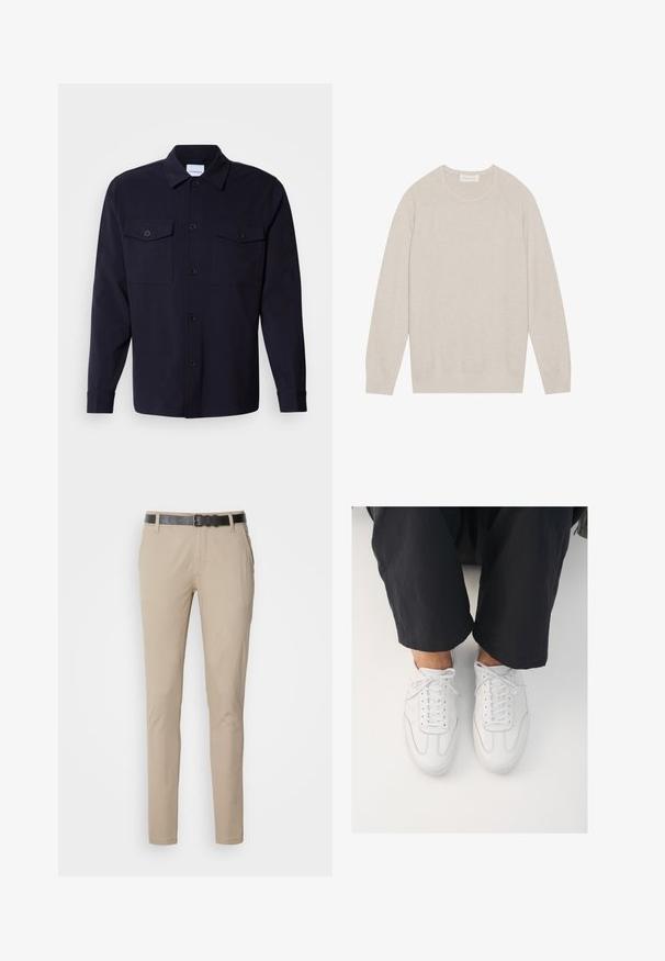 Lys beige pullover sweater, strikket tekstur, ribbede manchetter og kant, klassisk rund hals, raglanærmer, ensfarvet design uden mønstre.; Marineblå skjortejakke lavet af blødt stof, der har to brystlommer, knaplukning foran og lange ærmer med knapmanchetter.; Beige chinos med slank pasform, lavet af blødt bomuldsstof. Har et sort tekstureret bælte, to sidelommer og en glat finish.; Hvide lædersneakers med en glat overflade, rund tå og klassisk snøresystem, placeret over mørke, løse bukser.