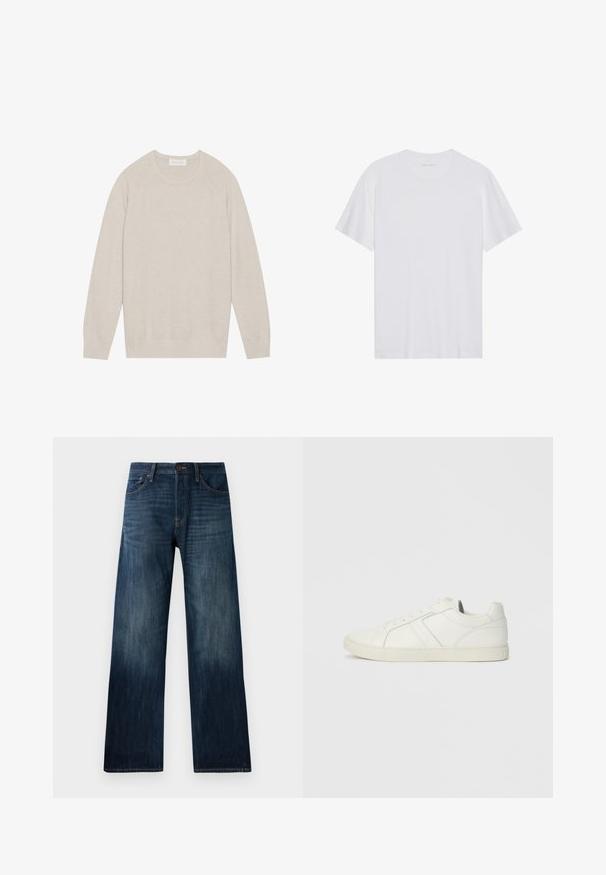 Pull en beige clair, texture tricotée, poignets et ourlet côtelés, col rond classique, manches raglan, design uni sans motifs.; T-shirt en coton blanc à manches courtes, col rond et texture lisse. Présente un branding minimal au niveau du col.; Jeans en denim bleu foncé avec une coupe droite, présentant une texture légère, des passants de ceinture, et un style classique à cinq poches.; Baskets blanches en cuir montantes basses avec fermeture à lacets et semelle en caoutchouc plate, vues du côté intérieur sur un fond uni.