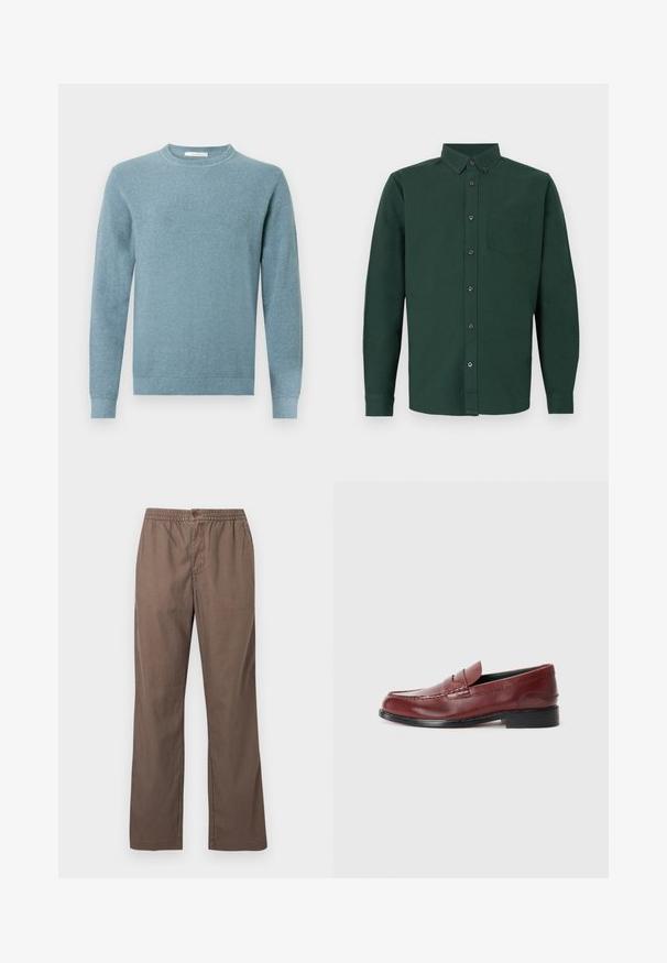 Lyseblå tekstureret sweater med rund hals og lange ærmer. Ribstrikkede manchetter og kant tilføjer diskrete detaljer til designet.; Mørkegrøn langærmet skjorte med knapper, knappet krave og en enkelt brystlomme.; Brune afslappede bukser med elastisk talje, knaplukning, lige ben og forlommer, vist på en ensfarvet hvid baggrund.; Burgunderfarvet læder loafer med en glat finish, dekorativ søm og en rund tå. Har en lav sort hæl.