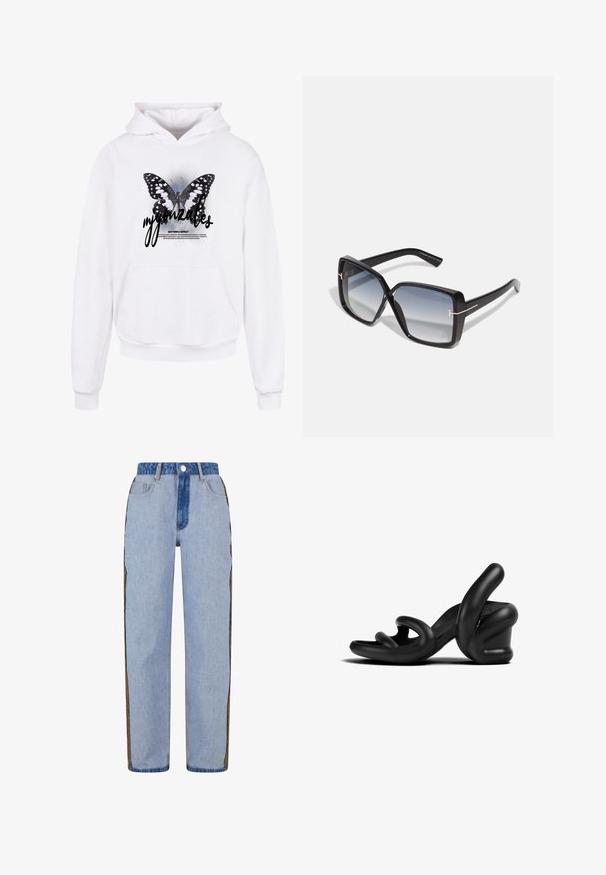 Witte hoodie met een vlinderafbeelding in zwart en roze, met de tekst "mygonzakes" eronder en "BUTTERFLY EFFECT" in kleinere letters daaronder.; Lichtblauwe denim jeans met een rechte pasvorm, voorzien van een contrasterende donkere denim tailleband en decoratieve zijkanten met een uniek patroon.; Zwarte hoge hakken sandalen met een sculpturaal rubberontwerp. Bevat gebogen banden en een chunky hak. Glad matte textuur.; Zwarte oversized zonnebril met gradient lenzen, vierkante vorm, dik plastic frame en gouden metalen accent op de tempels.