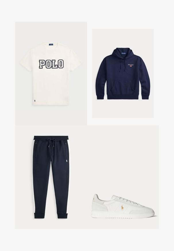 Tumesinine pehme kangaga pullover-stiilis kapuutsiga dressipluus, millel ees tasku, soonikkoes mansetid ja tikitud logo Ameerika lipu aktsendiga.; Valge puuvillane T-särk, millel on rinnal suured tumesinised tähed "POLO" ja väikene tumesinine logo äärel. Klassikaline ümar kaelus.; Tumed sinised treeningpüksid valgete külgtriipudega, lukuga taskud, nööridega vöökoht ja väike valge logo paremal reiel.; Valge madala säärega tennisking paeltega, kuldse Polo Ralph Laureni logoga küljel ja tekstureeritud tallaga ühevärvsel taustal.